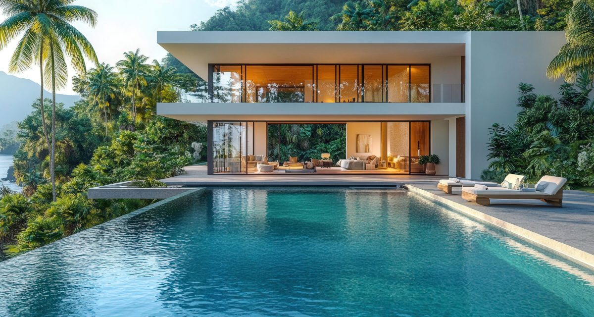 A luxurious modern villa with an infinity pool overlooking a tropical landscape, capturing the essence of a serene getaway.