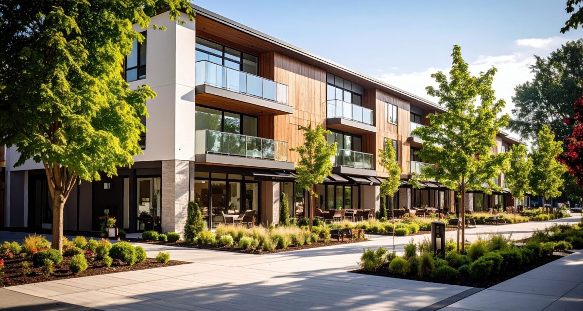 Modern apartment building with large glass windows, wooden accents, and balconies, surrounded by lush green landscaping and trees, under clear blue sky, peaceful urban environment